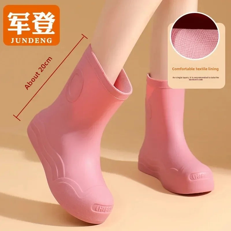 Classic Pure Black Women's Rain Boots Waterproof Shoe Heightening Tool Summer Trendy Wading Shoe PVC Material