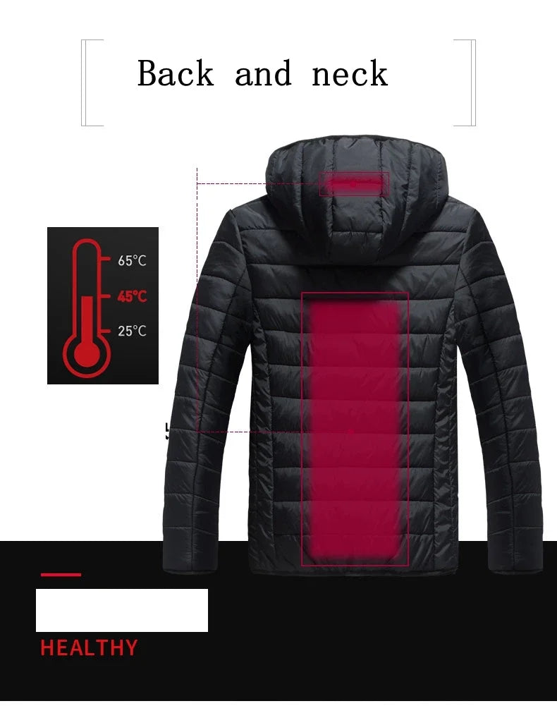 2023 NWE Men Winter Warm USB Heating Jackets Smart Thermostat Pure Color Hooded Heated Clothing Waterproof Warm Jackets