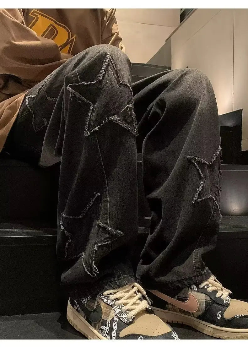 Pantalones vaqueros rectos informales con bordado de estrellas para hombre, estilo gótico, neutros, nuevos, holgados, de pierna ancha, estilo hip-hop, estilo urbano, pantalones vaqueros Y2K para hombre
