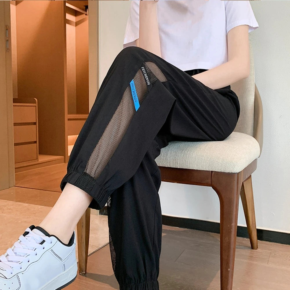 Fashion Straight Casual Drawstring Pants Streetwear Quick Dry Wide Leg Loose Pants Mesh Hollow Mesh Sweat Pants Women Sports