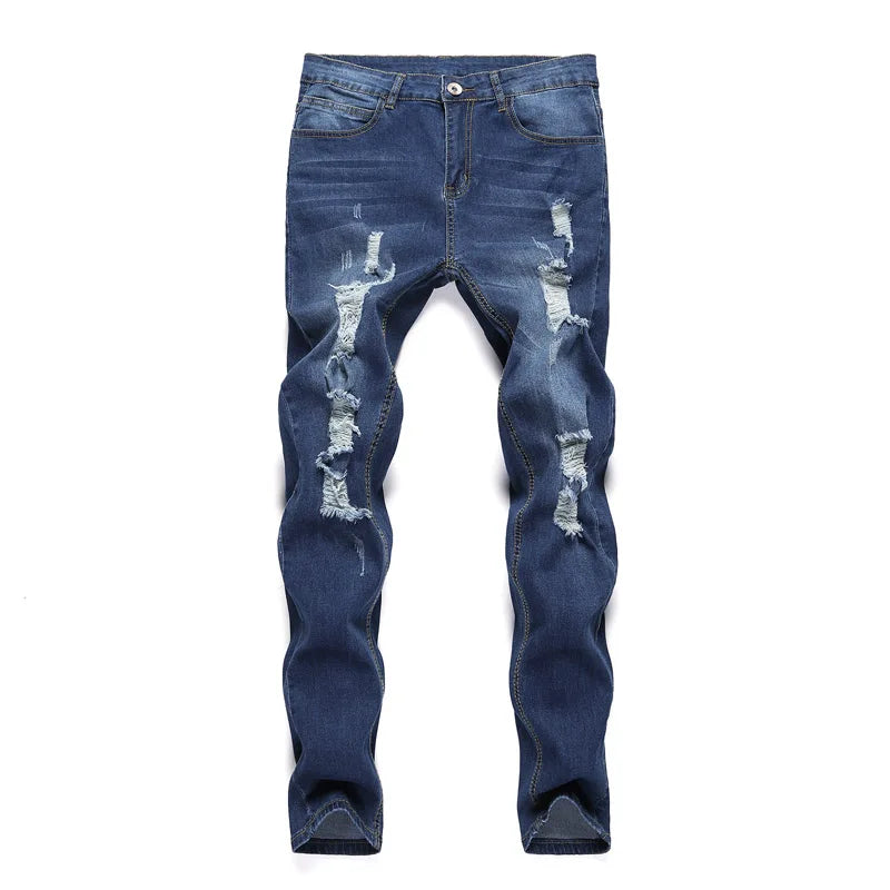 2024 Nuevo estilo callejero, pantalones vaqueros ajustados rotos para hombre, pantalones vaqueros lisos con lavado vintage, pantalones vaqueros ajustados informales para hombre, pantalones vaqueros elásticos tipo lápiz