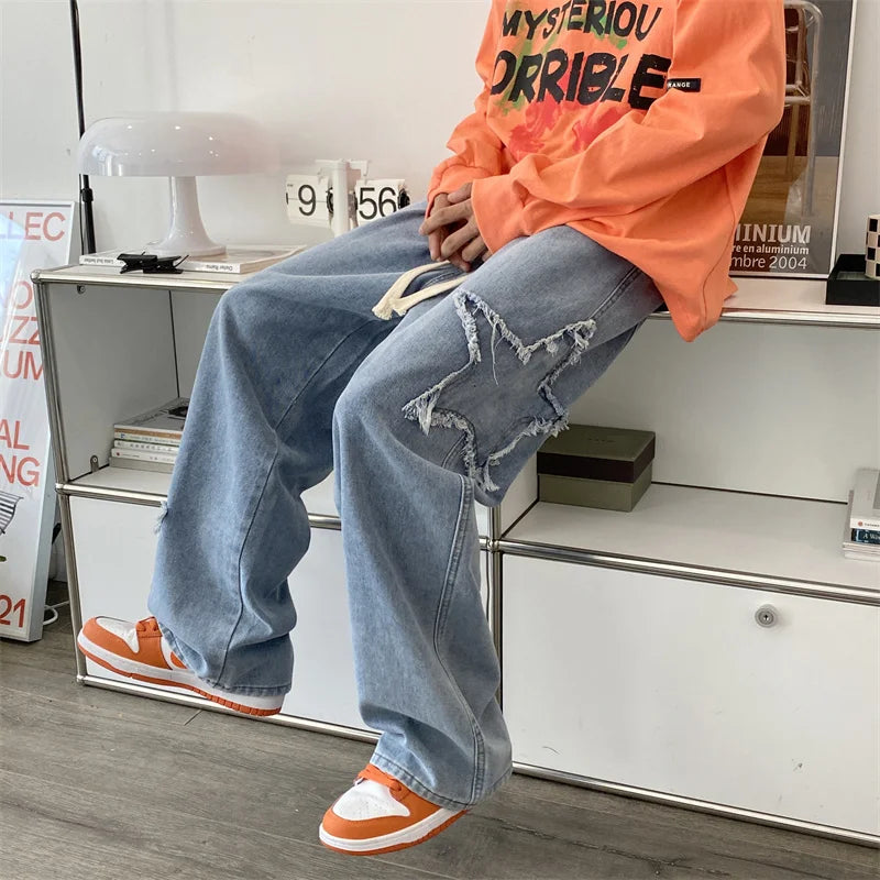 American Retro Star Embroidery Jeans Men's Baggy Hip Hop Fashion Denim Pants 2025 New Casual Y2K Streetwear Straight Trouser
