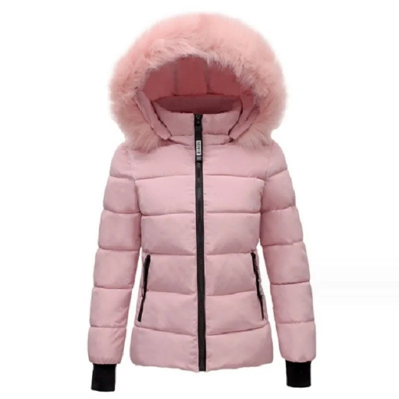 Solid Color Detachable Hooded Hair Collar Slim-fit Cotton-padded Jacket, Women's Winter New Warm Casual Stand Collar Padded Coat
