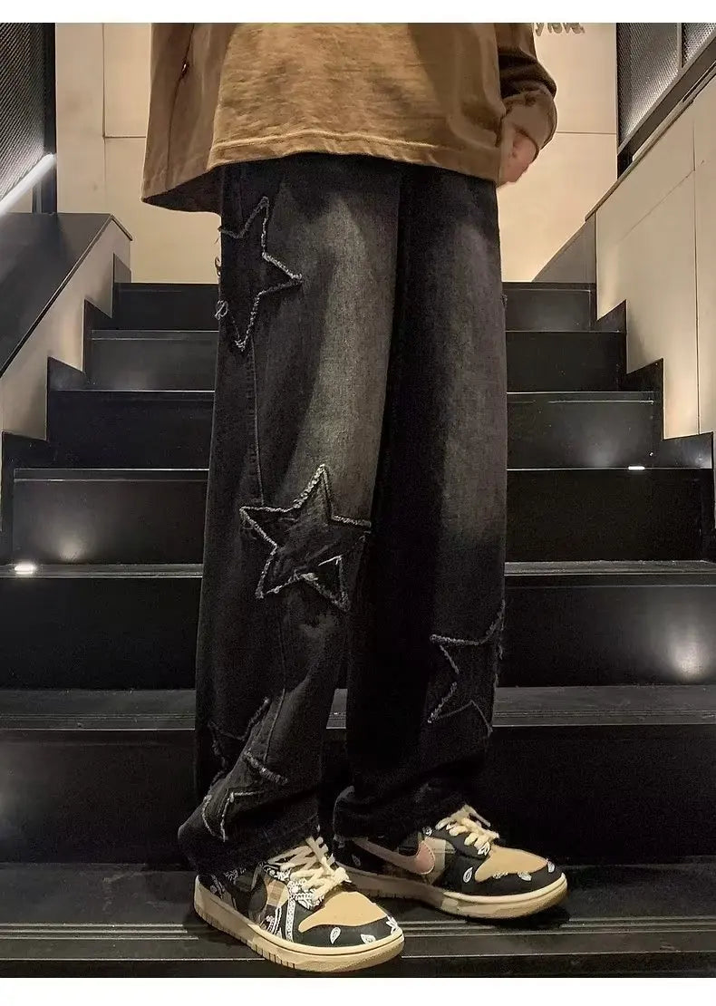 Pantalones vaqueros rectos informales con bordado de estrellas para hombre, estilo gótico, neutros, nuevos, holgados, de pierna ancha, estilo hip-hop, estilo urbano, pantalones vaqueros Y2K para hombre