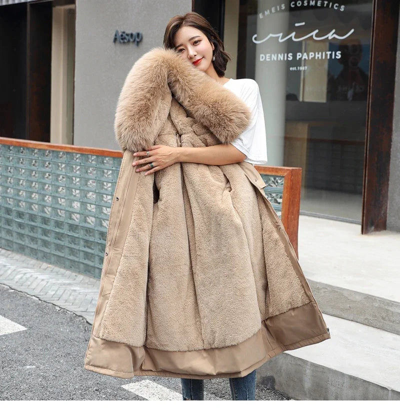 Cotton Liner Parker Women Long Coat Parka Coats Adjustable Waist Fur Collar Winter Jacket Coat Medium Long Hooded Parka Jackets