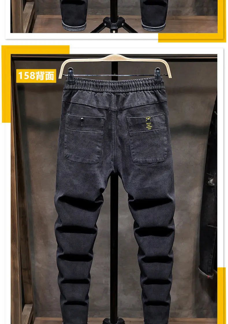 Spring Autumn 2022 New Drawstring Elastic Waist Denim Jeans Men's Slim Feet Pants Korean Fashion Casual Pants Harem Baggy Jeans