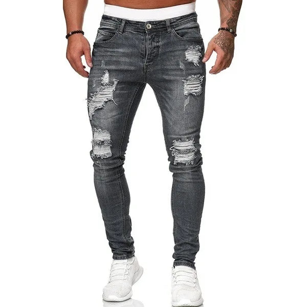 2025 New Fashion Street Style Ripped Skinny Jeans Men Vintage wash Solid Denim Trouser Mens Casual Slim fit pencil denim Pants