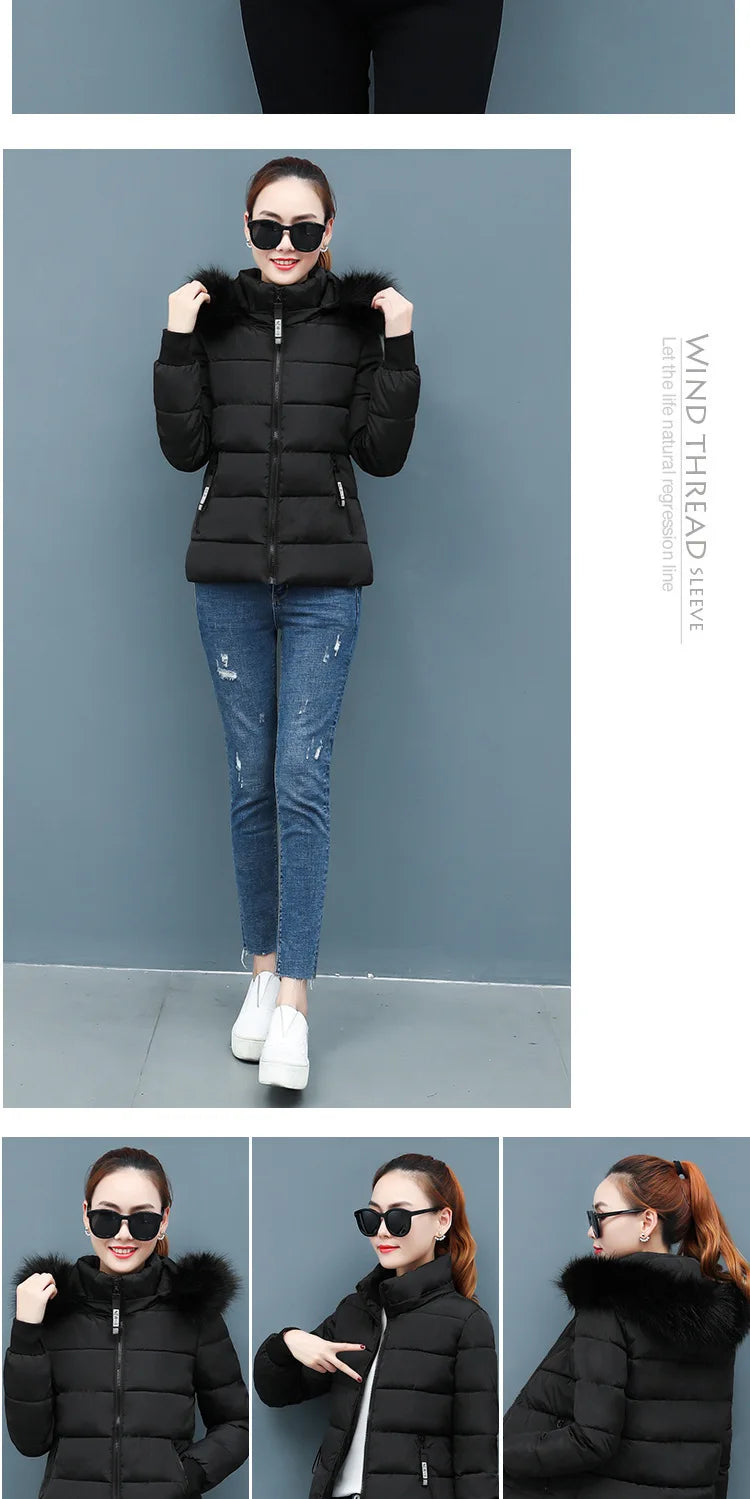 Solid Color Detachable Hooded Hair Collar Slim-fit Cotton-padded Jacket, Women's Winter New Warm Casual Stand Collar Padded Coat