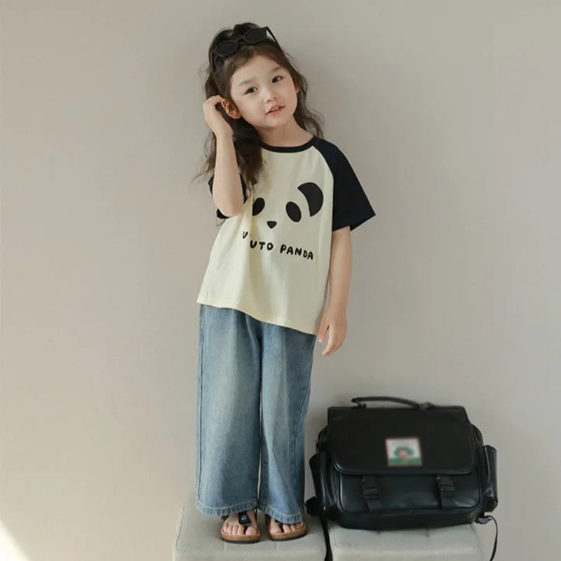 Pantalones vaqueros de cintura alta y pierna ancha para niñas de 3 a 8 años, lisos, con múltiples bolsillos y cintura elástica, pantalones vaqueros casuales de moda para niños.