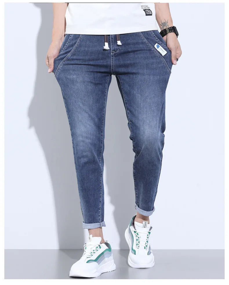 2023 New Summer Thin Style Korean Street LUXURY Work Pants Men's Elastic Waist Jogger Jeans for Work Wear Clothing Denim Jeans