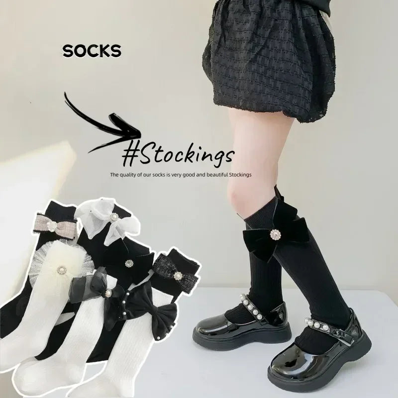 1 Pair Kids Girl Sock Rerto Lace Bow Princess Calf Sock for Children Girl Spring Summer Thin Stocking Knee High Baby Girl Sock