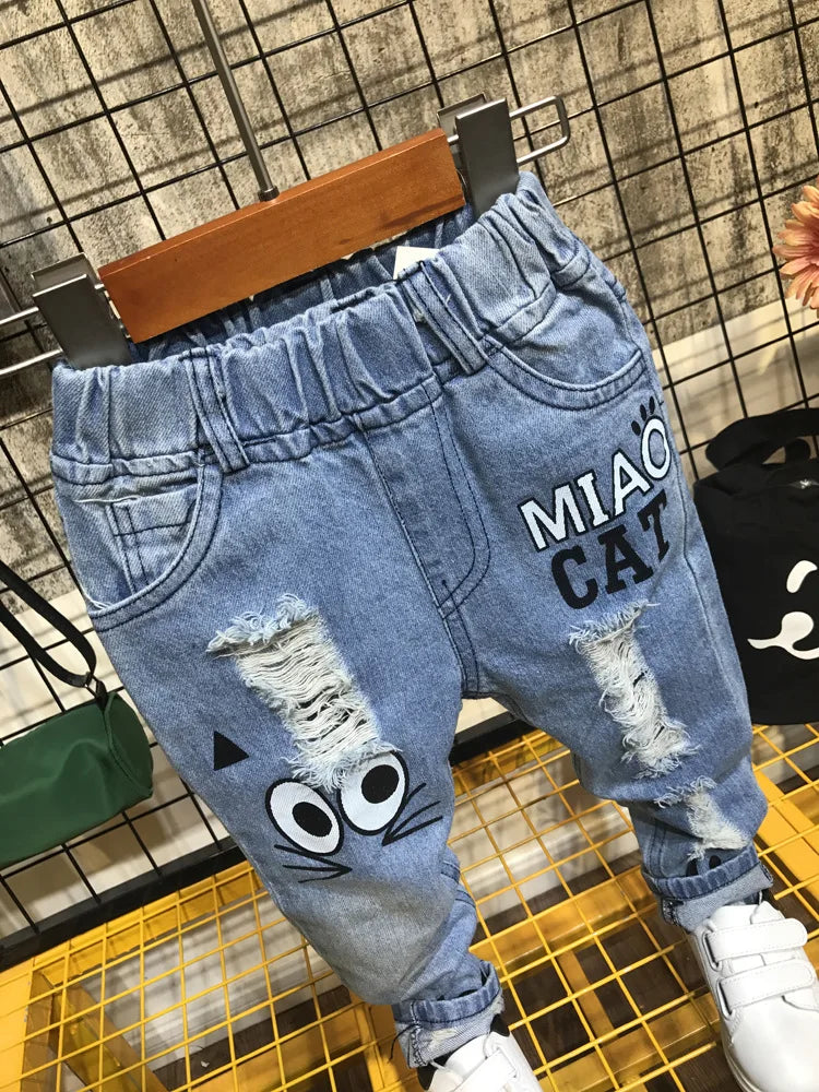 Pantalones vaqueros para niñas de 1 a 7 años, informales, con agujeros y estampado de gato de dibujos animados, para primavera y otoño