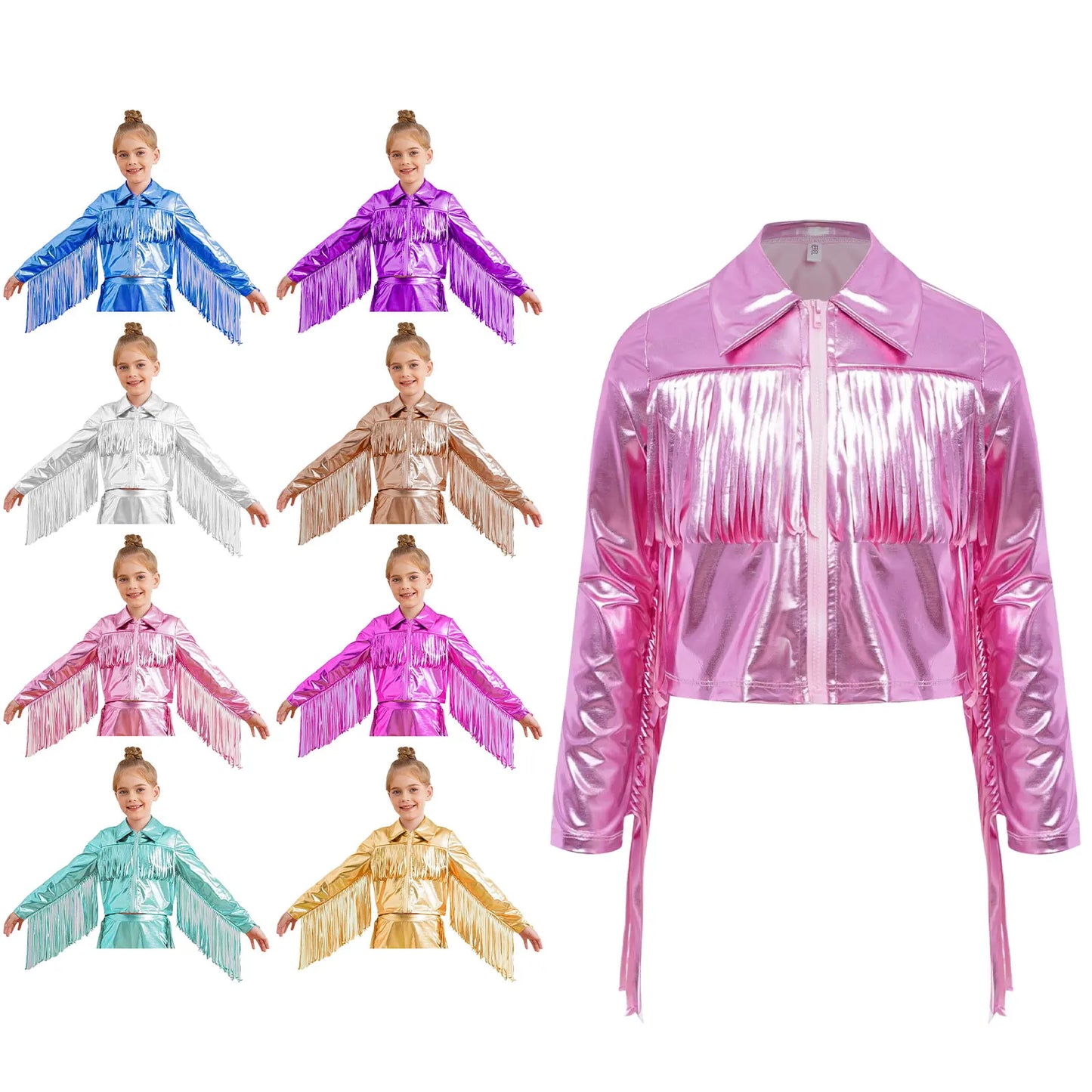 Kids Girls Tassels Metallic Jacket Top Fringe Shiny Turn-Down Collar Long Sleeve Zipper Jacket Coat for Hip Hop Street Dance