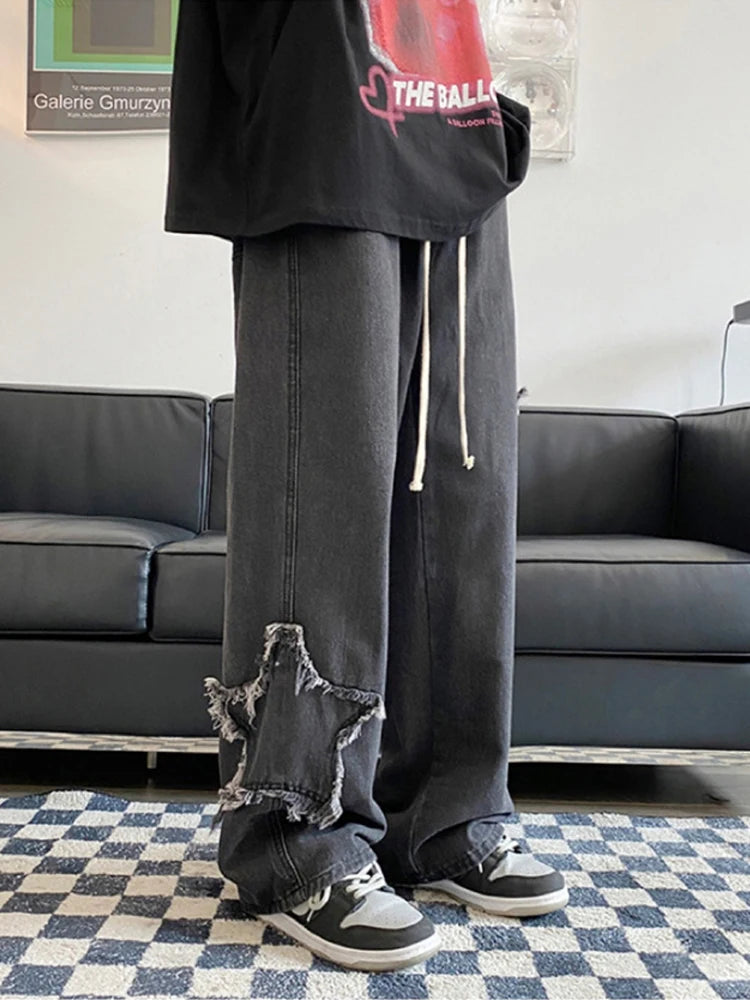 American Retro Star Embroidery Jeans Men's Baggy Hip Hop Fashion Denim Pants 2025 New Casual Y2K Streetwear Straight Trouser