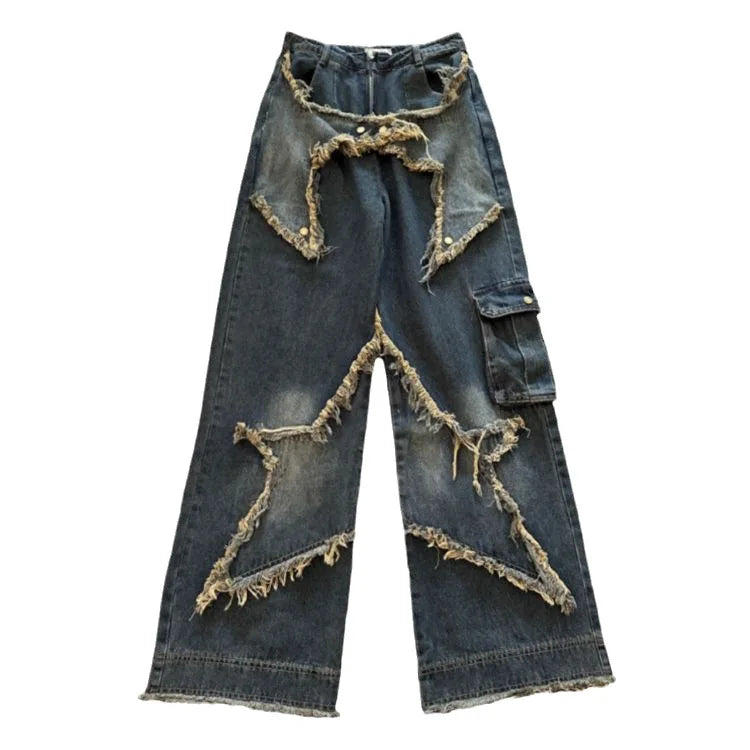 New women star stitching tassel pants American retro high street jeans loose wide leg pants trendy punk y2k pants