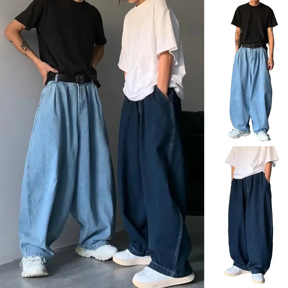 Pantalones vaqueros de tiro medio para hombre, cintura elástica, bolsillos, color liso, holgados, pierna ancha, ropa de calle