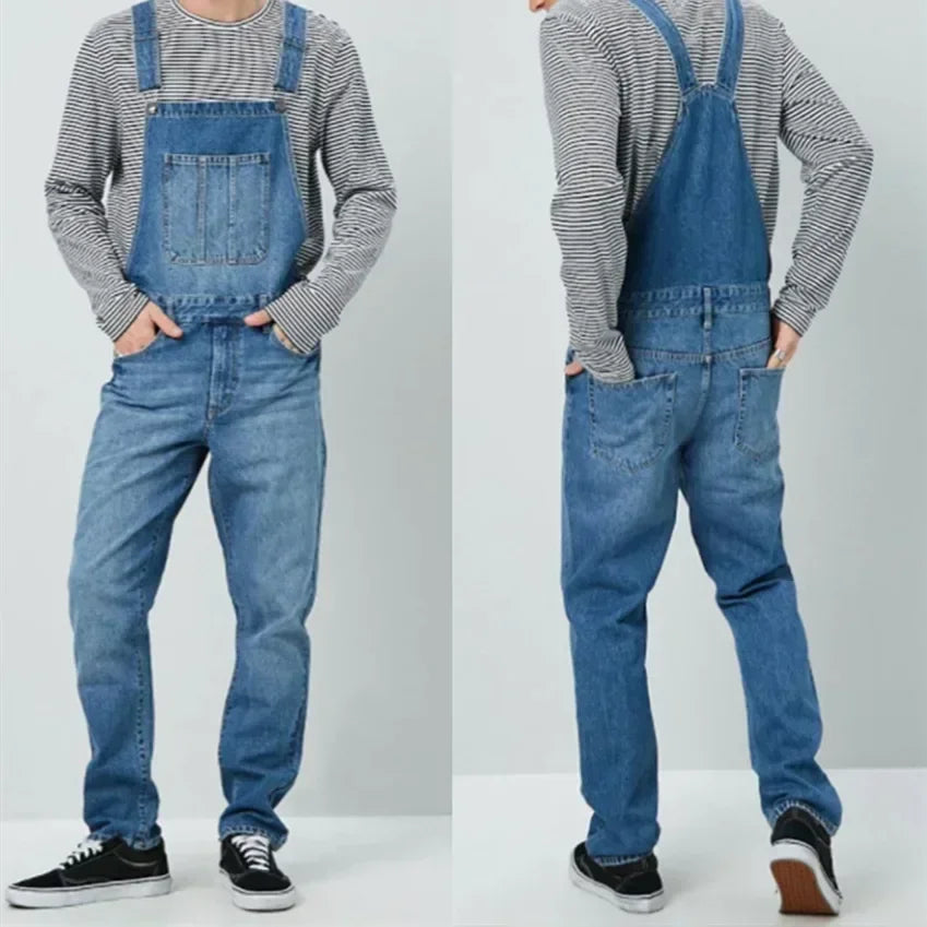 Men Street Denim Suspenders Pants 2025 Straight Long Jeans Male Splicing Pockets Denim Trousers Vintage Washed Overalls Jumpsuit