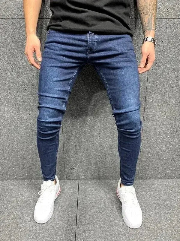 Men Jeans Denim Pencil Pants Sheath Ankle Length Washing Solid Slim Pockets Slight Strech Mid Waist High Street Y2k Streetwear