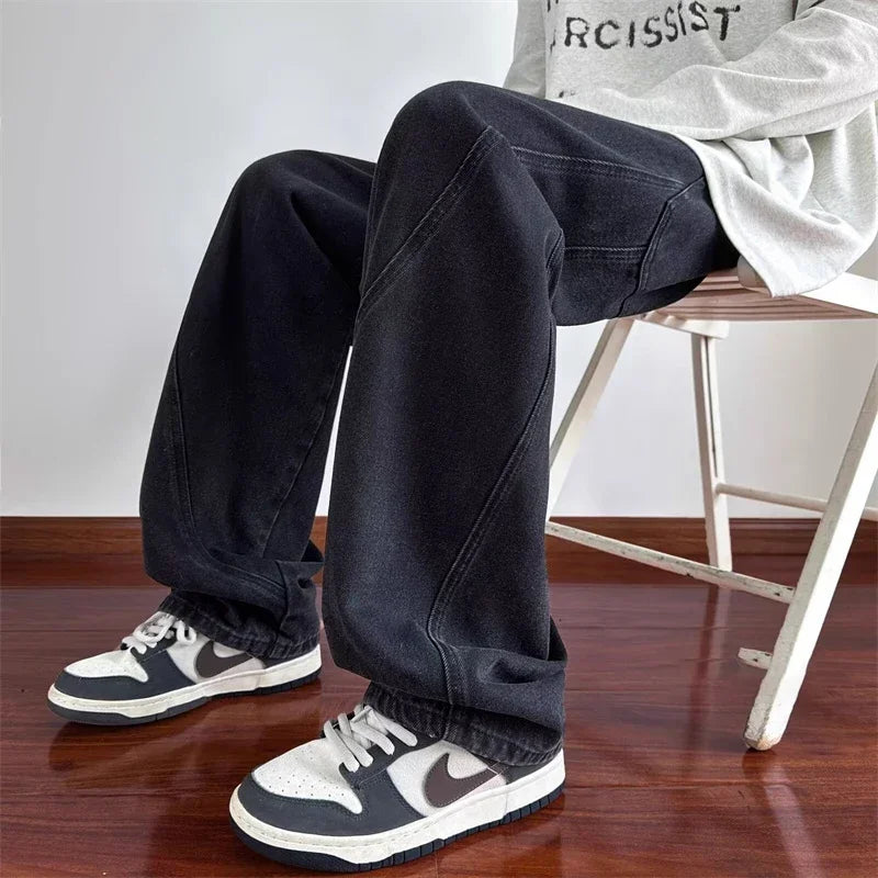 New Vintage Men‘s Patchwork Baggy Jeans Draped Straight-leg Denim Trousers Autumn Korean Fashion High Street Casual Y2K Jean