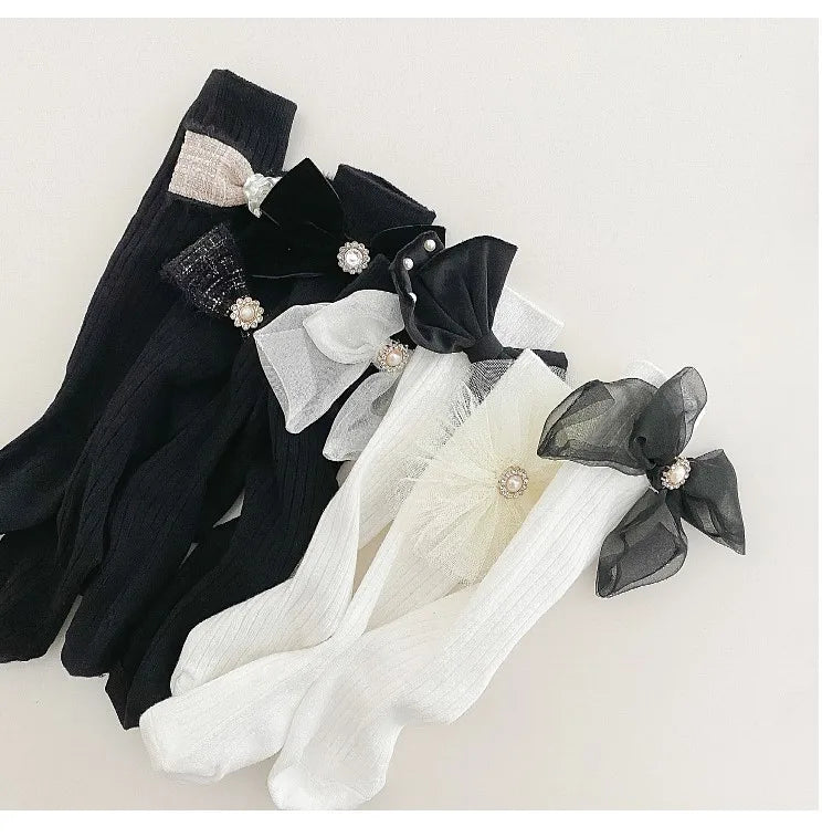1 Pair Kids Girl Sock Rerto Lace Bow Princess Calf Sock for Children Girl Spring Summer Thin Stocking Knee High Baby Girl Sock