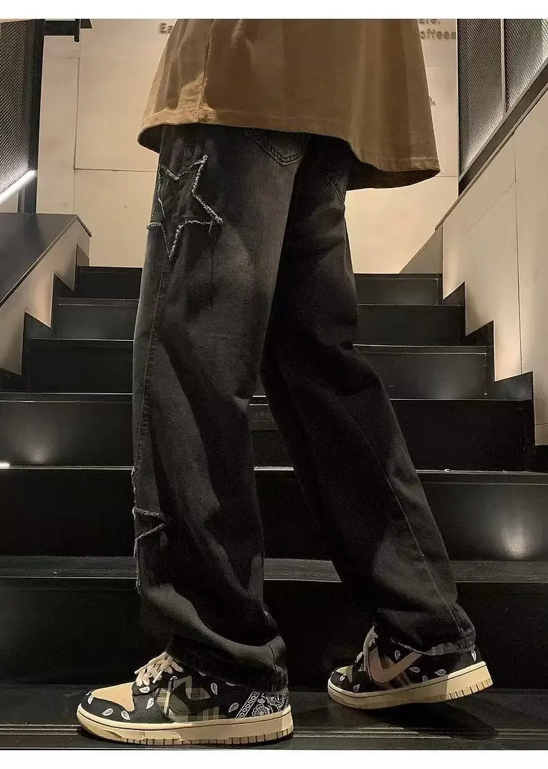 Pantalones vaqueros rectos informales con bordado de estrellas para hombre, estilo gótico, neutros, nuevos, holgados, de pierna ancha, estilo hip-hop, estilo urbano, pantalones vaqueros Y2K para hombre