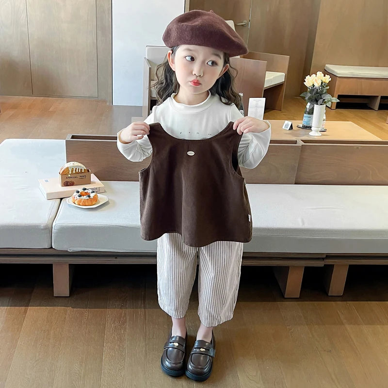 Girls Autumn Spring Clothing Set Fashion Children's Bow Tie Vest + Undershirt + Wide-Leg Pants Three-Piece Set 2025 New