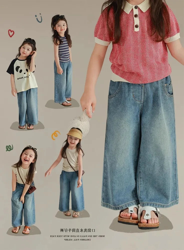 Humor Bear Girls’ Jeans Kids Clothing Summer Baggy Multi-pocket Elastic-waisted Long Jeans Wide-leg Pants Girls Pants