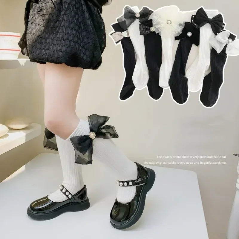 1 Pair Kids Girl Sock Rerto Lace Bow Princess Calf Sock for Children Girl Spring Summer Thin Stocking Knee High Baby Girl Sock