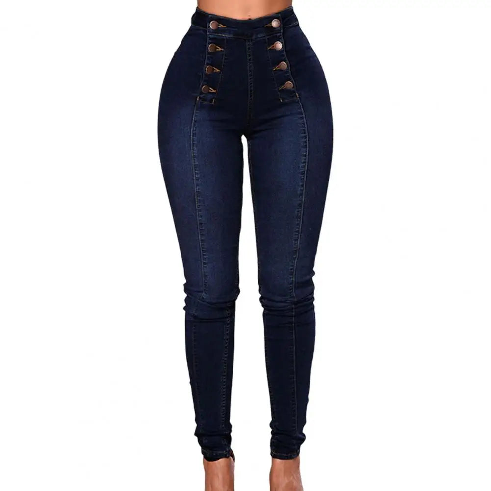 Vaqueros de cintura alta con botones decorativos y bolsillos para mujer, estilo push up, ajustados, cruzados, estilo urbano