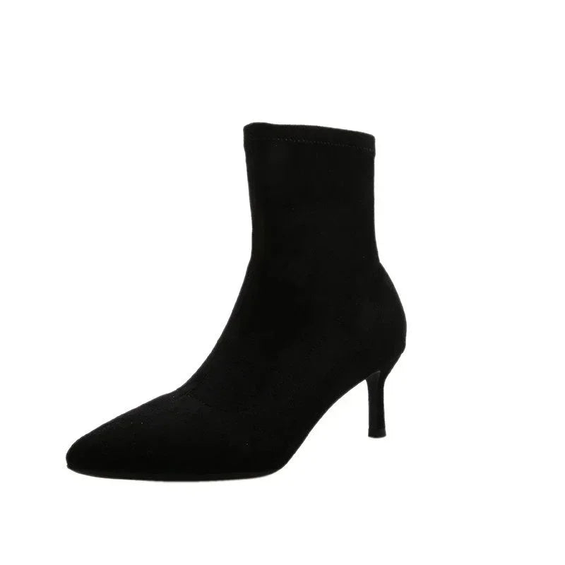 Botas de lujo para mujer, de 5, 7 y 9 cm, color negro, con tacón de aguja fino y alto, de tejido elástico, para invierno