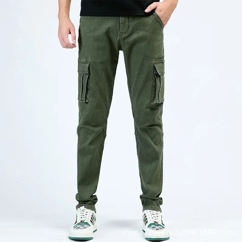 Nuevos pantalones vaqueros ajustados con bolsillos laterales para hombre, pantalones pitillo de mezclilla de cintura alta de color liso, pantalones de verano