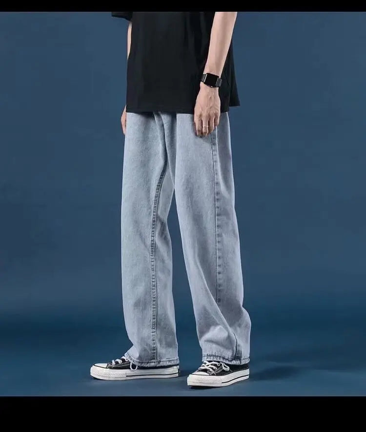 Pantalones vaqueros de mezclilla para hombre, de pierna ancha, largos hasta el suelo, holgados, informales, de cintura alta, lisos, sencillos y rectos, otoño 2024
