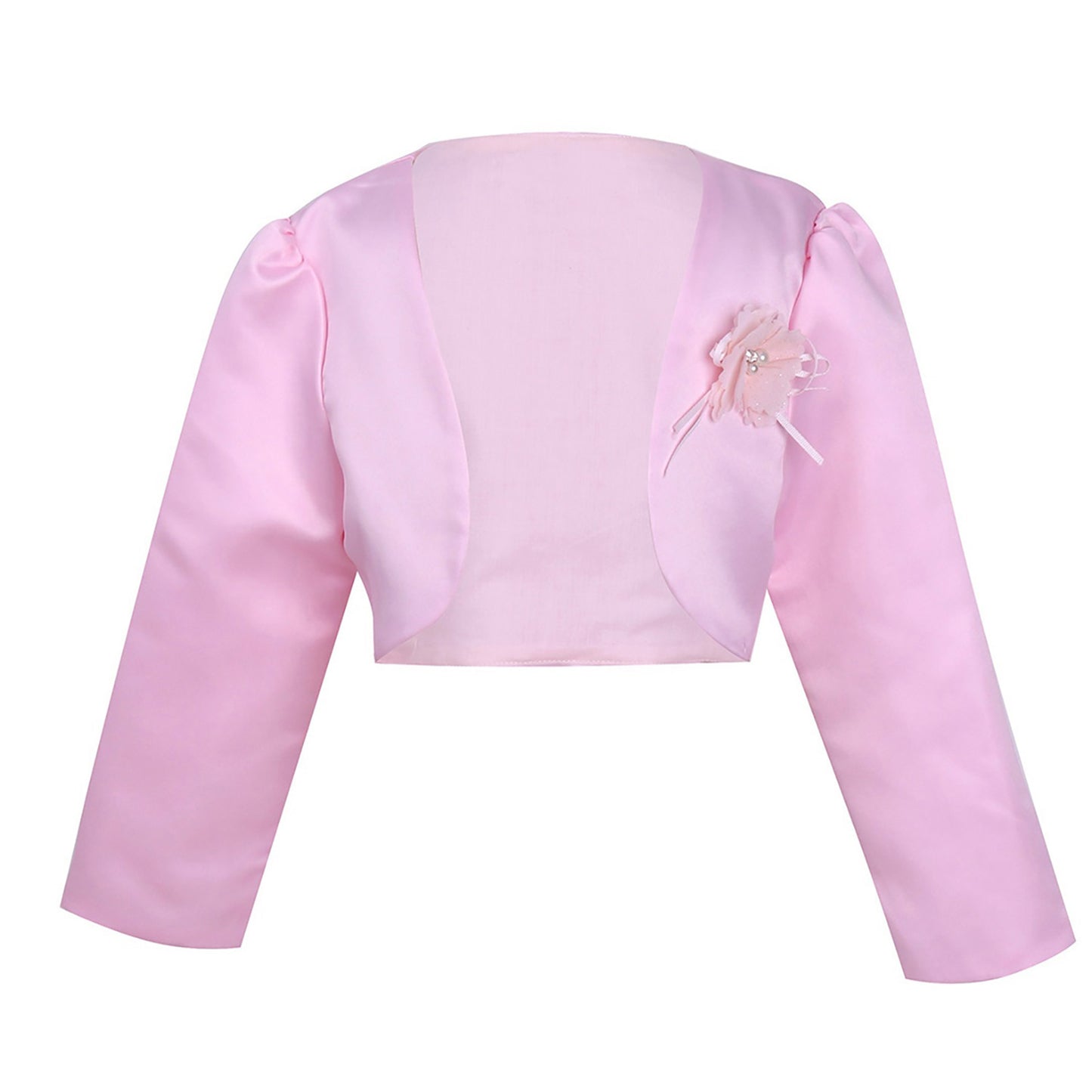 Kids Girls Satin Bolero Jackets Rhinestone Flower Elegant Cardigan Long Sleeve Open Front Shrug Cape Wedding Party Dress Outwear