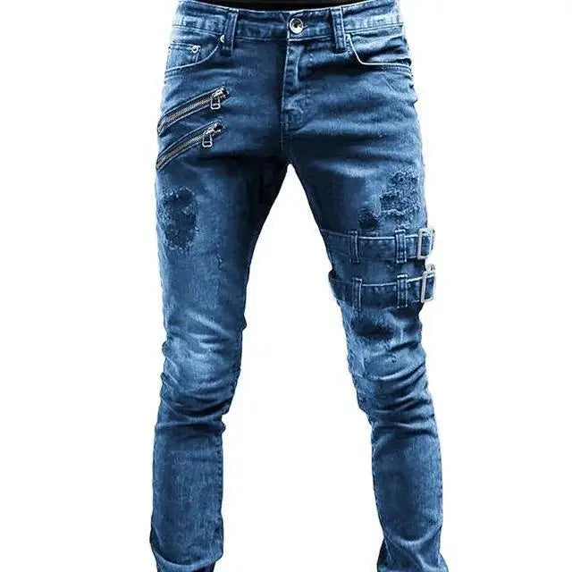 Pantalones vaqueros de tubo para hombre, de cintura media, estilo motociclista, lavados, con bolsillos, ajustados, ligeramente elásticos, hasta el tobillo, con cremallera, 2024