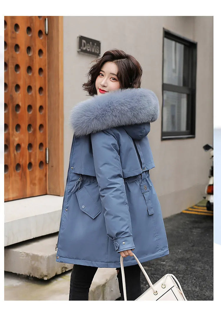 Women Parka Fashion 2023 Winter Jacket Slim with Fur Collar Warm Snow Wear Padded Clothes Long Coat Wool Liner Hooded Parkas