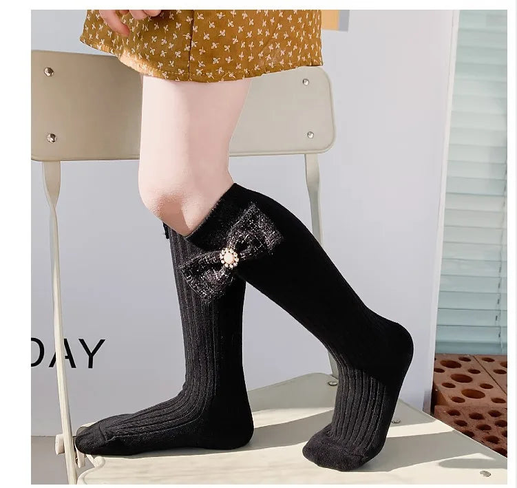 1 Pair Kids Girl Sock Rerto Lace Bow Princess Calf Sock for Children Girl Spring Summer Thin Stocking Knee High Baby Girl Sock