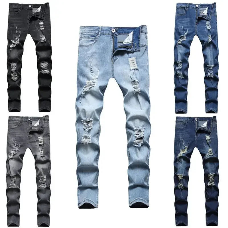 Jeans Men Hole Distressed Pencil Pants Slim Fit Vintage Zipper Fly Pockets Solid Colour Washed Denims Ankle Length Trousers 2025