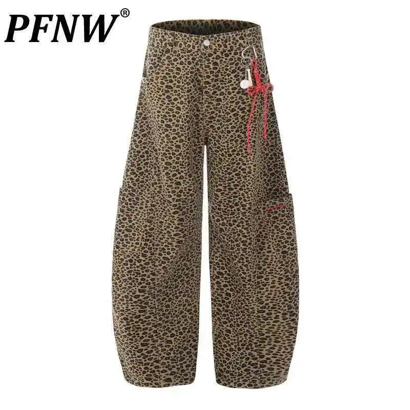 PFNW - Vaqueros caqui con estampado de leopardo para hombre y mujer, holgados, informales, de pierna ancha, primavera 2025, 28W6288