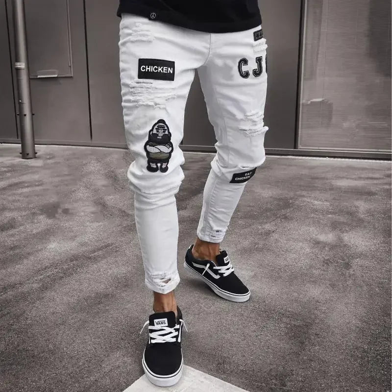 Punk Denim Pants Men Jeans Skinny Ripped Hole Patchwork Slim Pencil Denim Hip Pop Trousers Autumn Plus Size Streetwear Men's