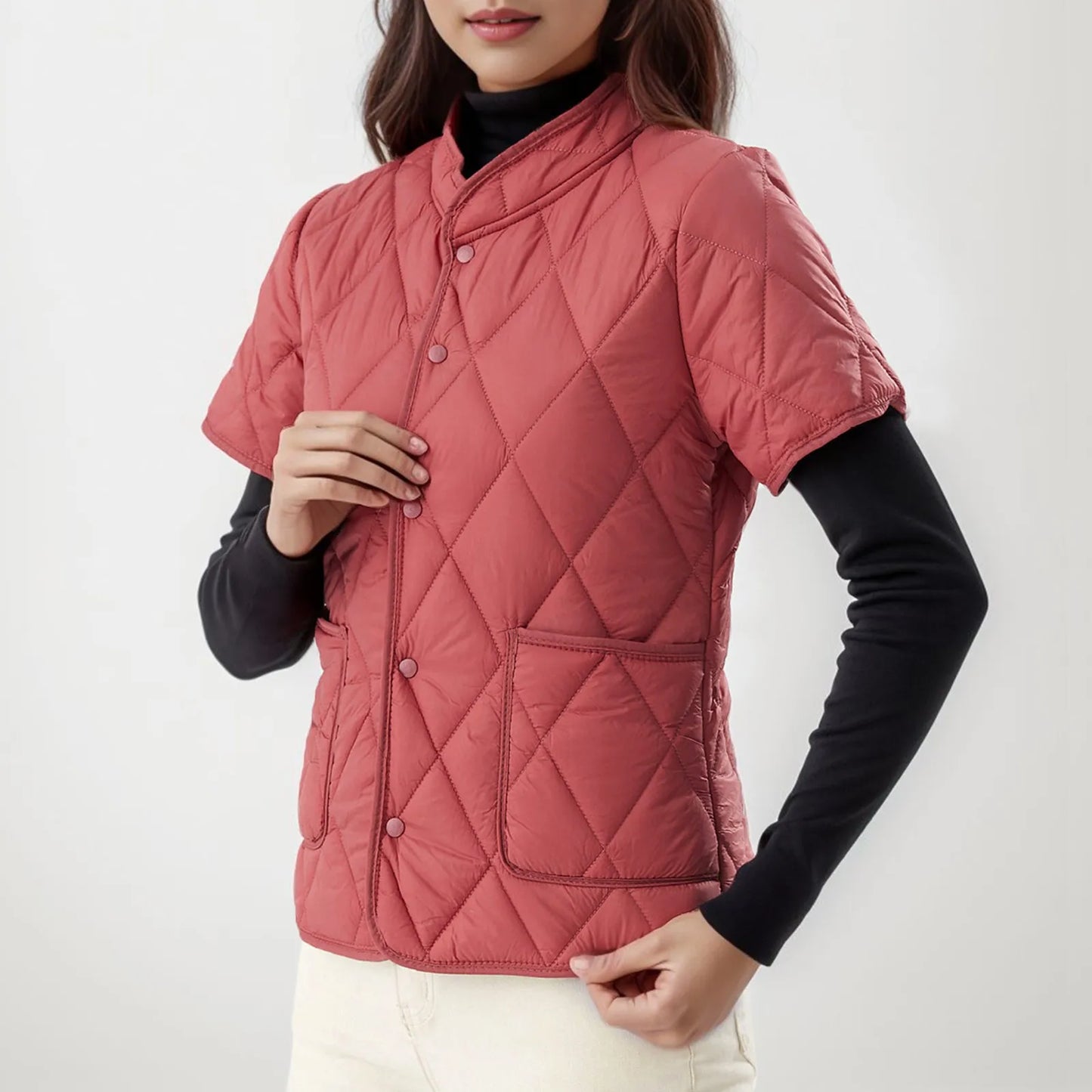 Winter Jackets Woman Womens Lightweight Short Sleeve Two Pockets Down Jacket (Available In Plus Abrigos Invierno Mujer
