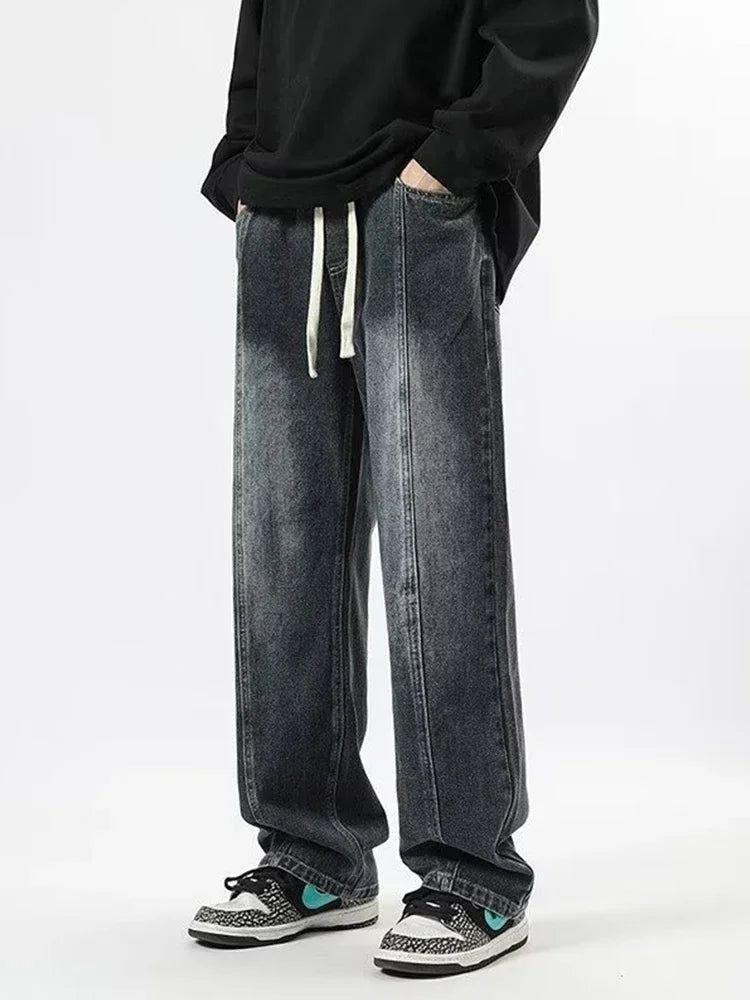 New Korean Fashion Baggy Jeans For Men Classic Drawstring Straight Denim Pants Y2K Vintage Jean Streetwear Wide-leg Trousers