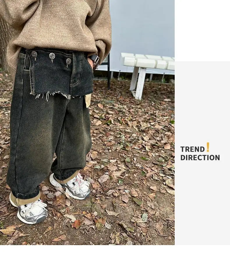 Spring and Autumn Boys' Integrated Velvet Jeans New Korean Splicing Children's Autumn and Winter Thick Velvet Denim Pants