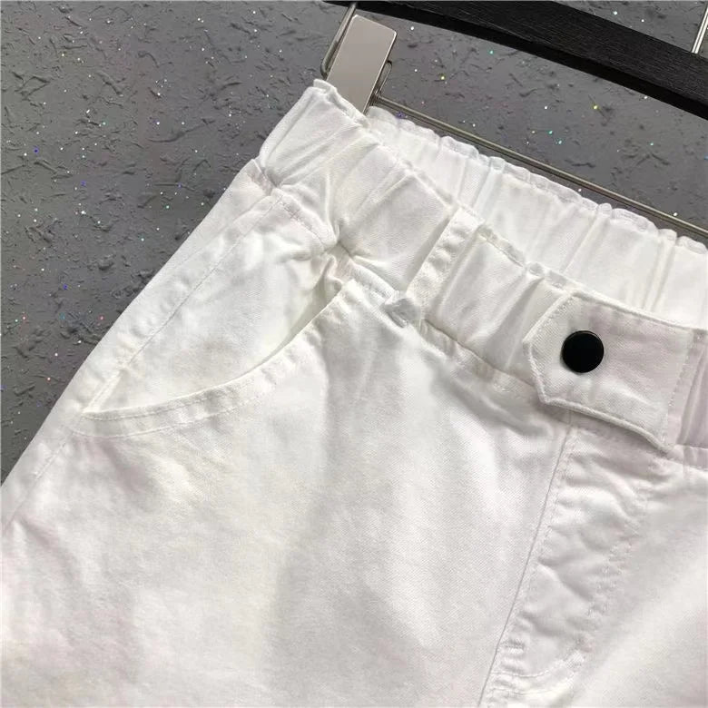 2025 Fashion Summer Women Harem Pants All-matched Casual Cotton Denim Pants Elastic Waist Solid Yellow White Jeans Female 3XL
