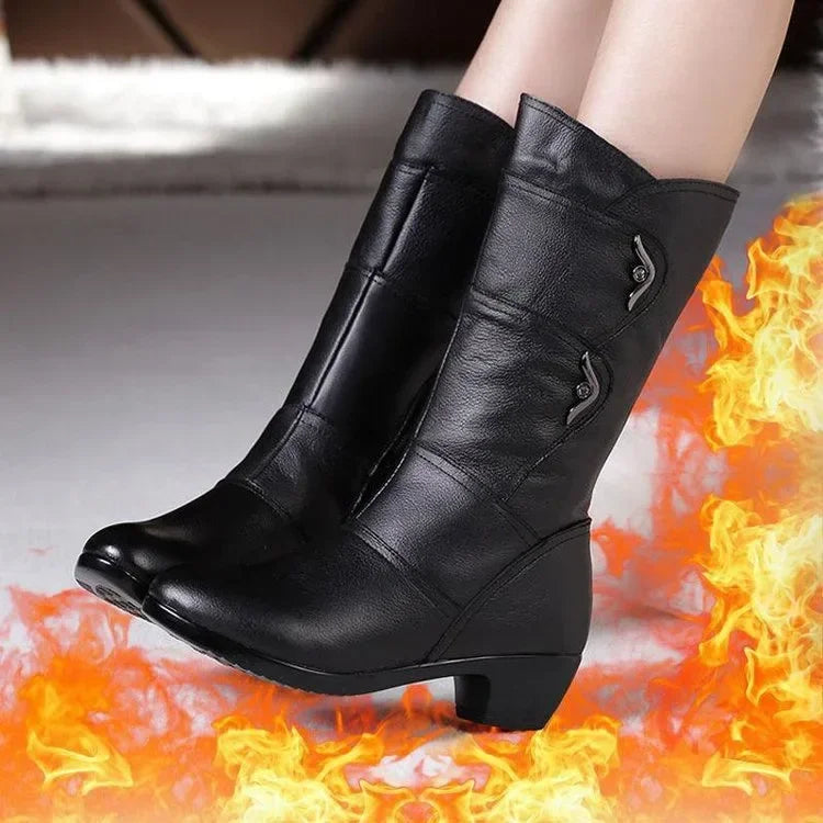 Winter Women's Boots Plush Warm Snow Boots Fashion Mid-calf High Heel Boots for Women High-quality Leather Boot Botas Mujer
