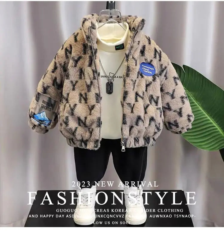 Autumn/Winter Children's Jacket New Boys' and Girls' Thick Cotton Jacket with Velvet and Clip on Cotton Top