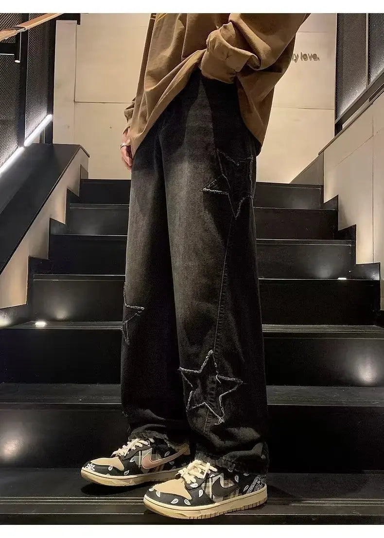 Pantalones vaqueros rectos informales con bordado de estrellas para hombre, estilo gótico, neutros, nuevos, holgados, de pierna ancha, estilo hip-hop, estilo urbano, pantalones vaqueros Y2K para hombre