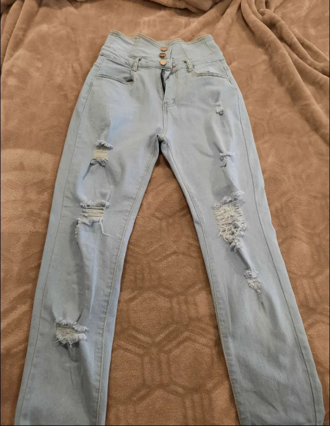 Women Fashion Stretch Ripped Distressed Skinny High Waist Denim Pants Trousers Slim Jeggings Ladies Spring Autumn Wear
