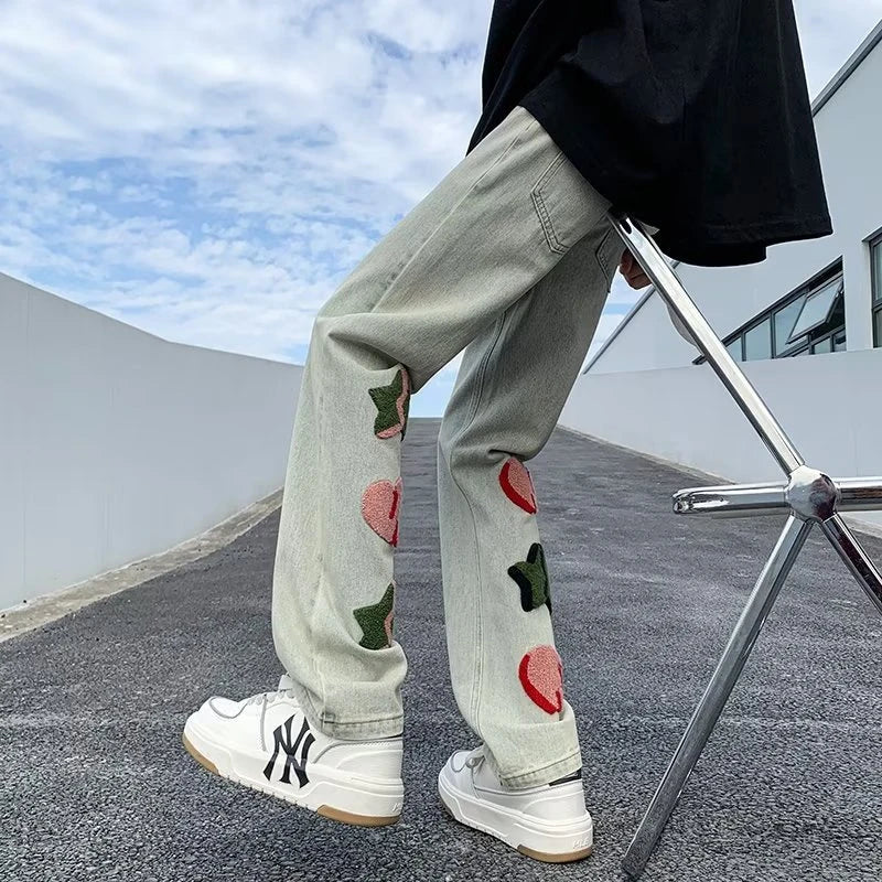 2025 New Goth Graffiti Embroidered Jeans Men High Street Harajuku Fashion Denim Trousers Hip Hop Y2K Vintage Jean pantalones