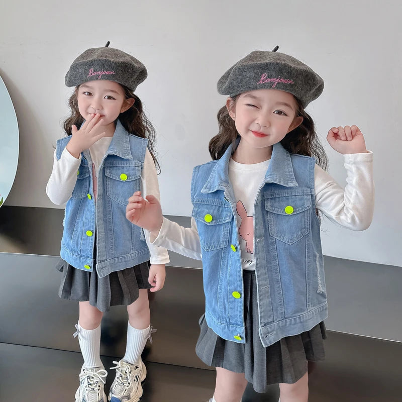 Cool Denim Vest Coat Kids Boys Girl Fashion Ripped Denim Vest Sleeveless Jean Jacket Waistcoat with Pockets Casual School Wear