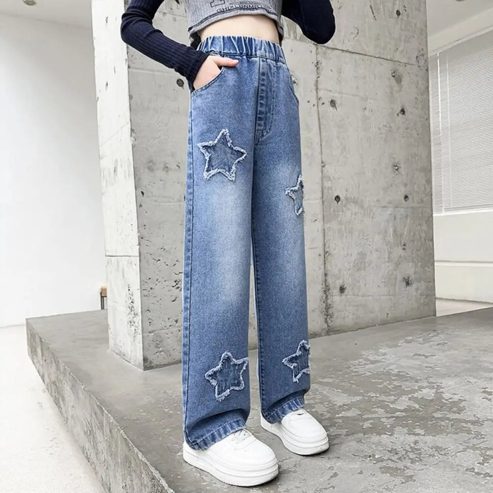 Embroidered Stars Teens Girl Jeans Loose Wide Leg Children Y2K Jeans High Waist Cowboy Pants Girls Denim Trousers Streetwear